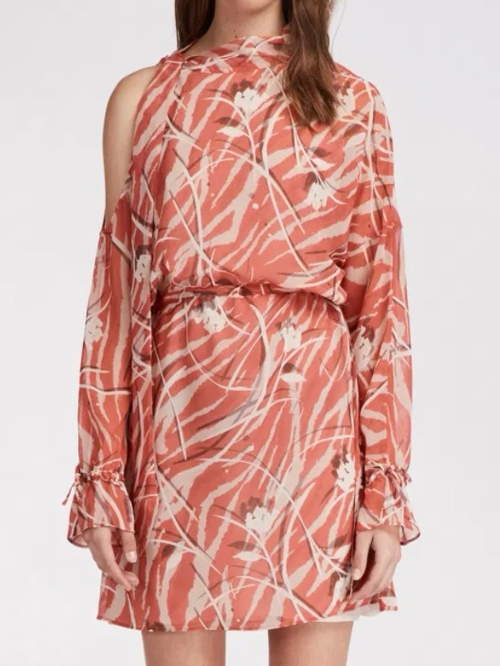 AllSaints Coral and Beige Abstract Floral Long Sleeve Mini Dress - Size XS
